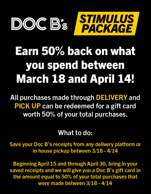 Doc B's buy now, get a gift card worth 50% of purchases later.