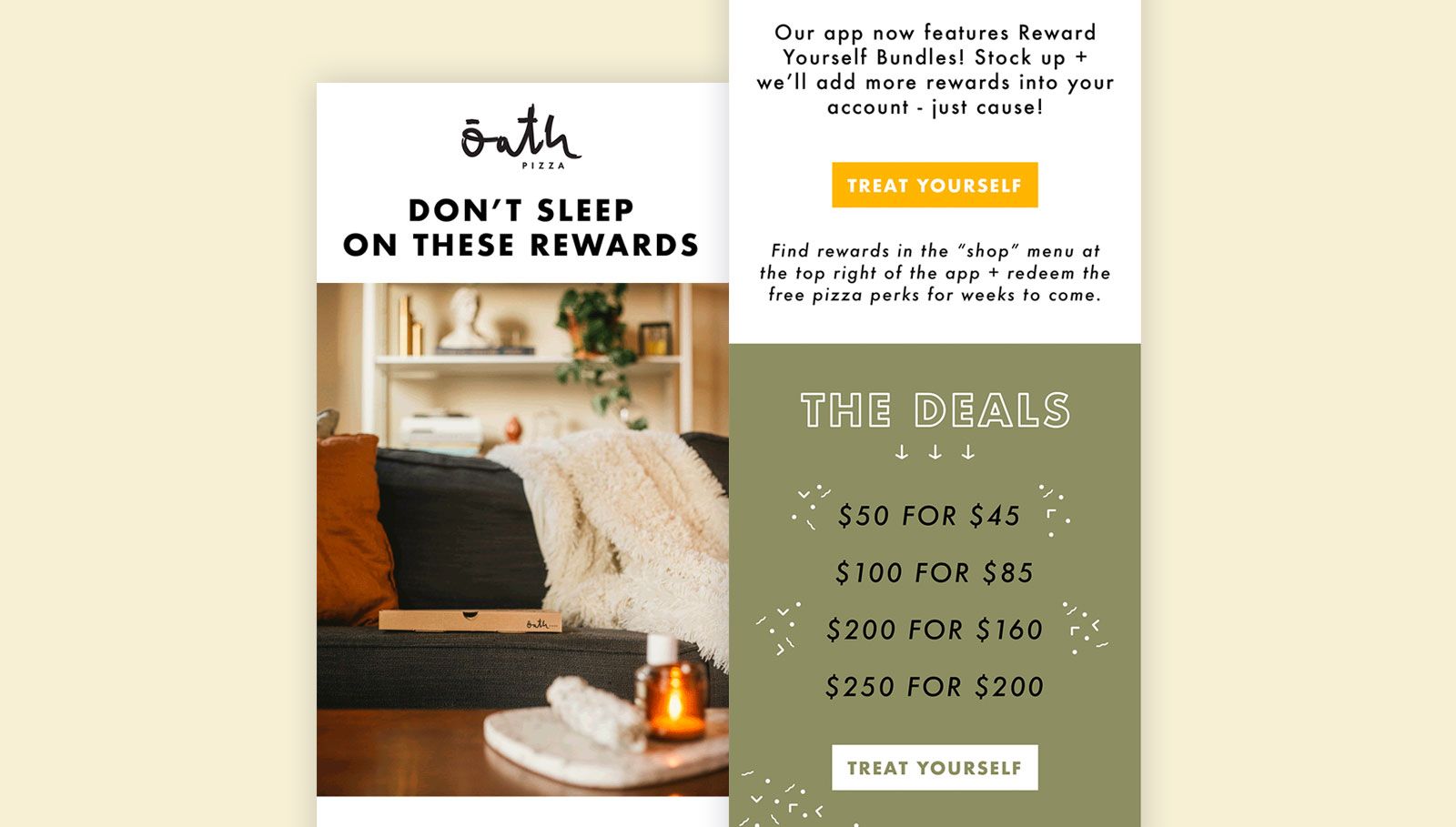 Oath Pizza exclusive deals example email