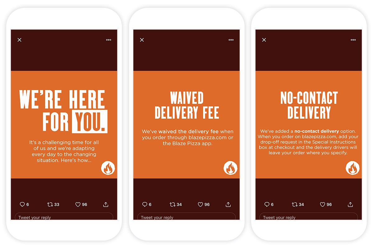 Blaze Pizza tweets promoting free delivery and clarifying available take-out, pick up and delivery channels.