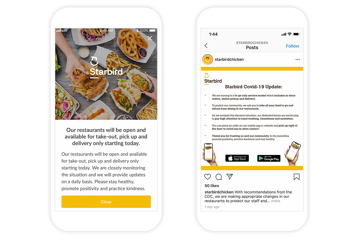 Starbird in-app notification clarifying available take-out, pick up and delivery channels.