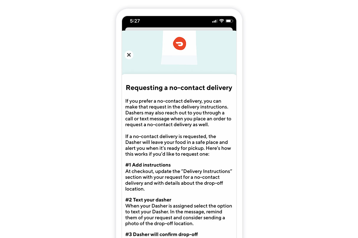 DoorDash app showing contactless delivery instructions.