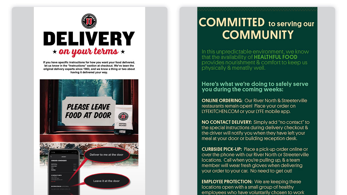 Left: Jimmy John’s email showing detailed contactless delivery instructions. Right: Lyfe Kitchen email explaining detailed takeout and delivery instructions.