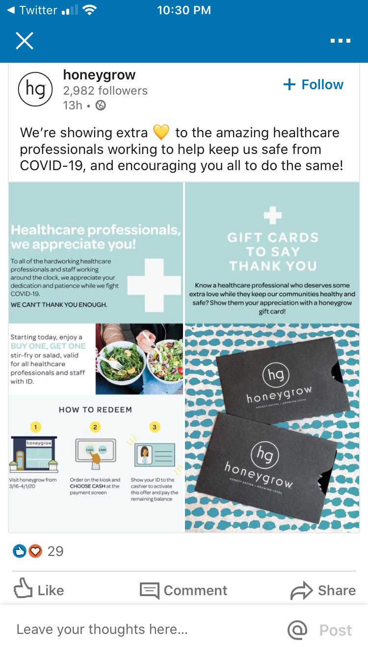 Honeygrow LinkedIn gift card promotion.