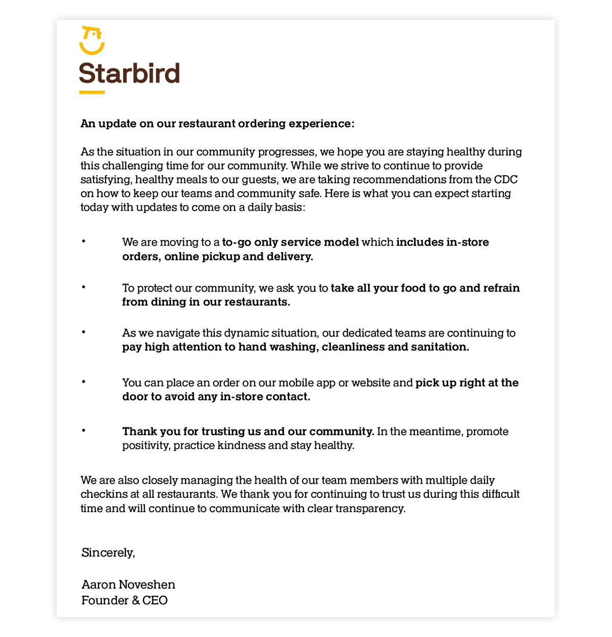 Starbird email clarifying available take-out, pick up and delivery channels.
