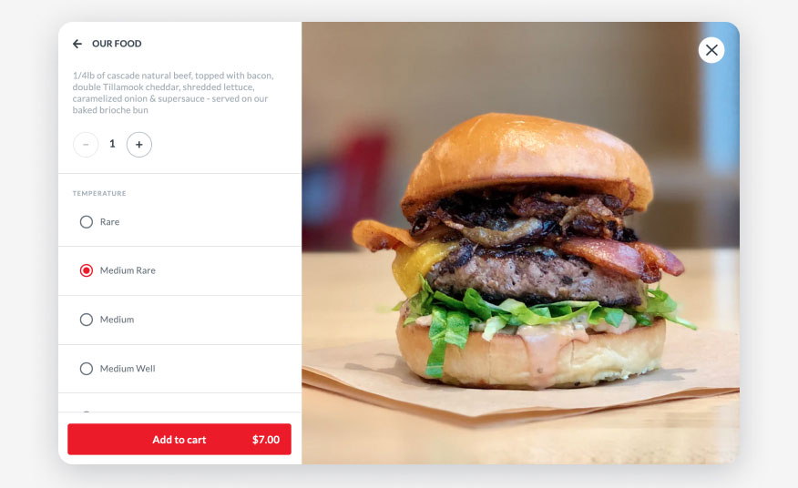 Modal UI of ordering experience from Little Big Burger
