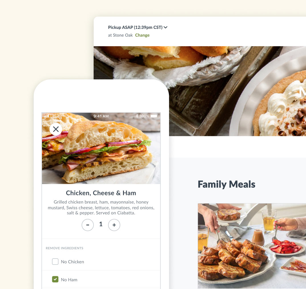 Screenshots of the Kneaders ordering experience by Thanx on mobile and desktop