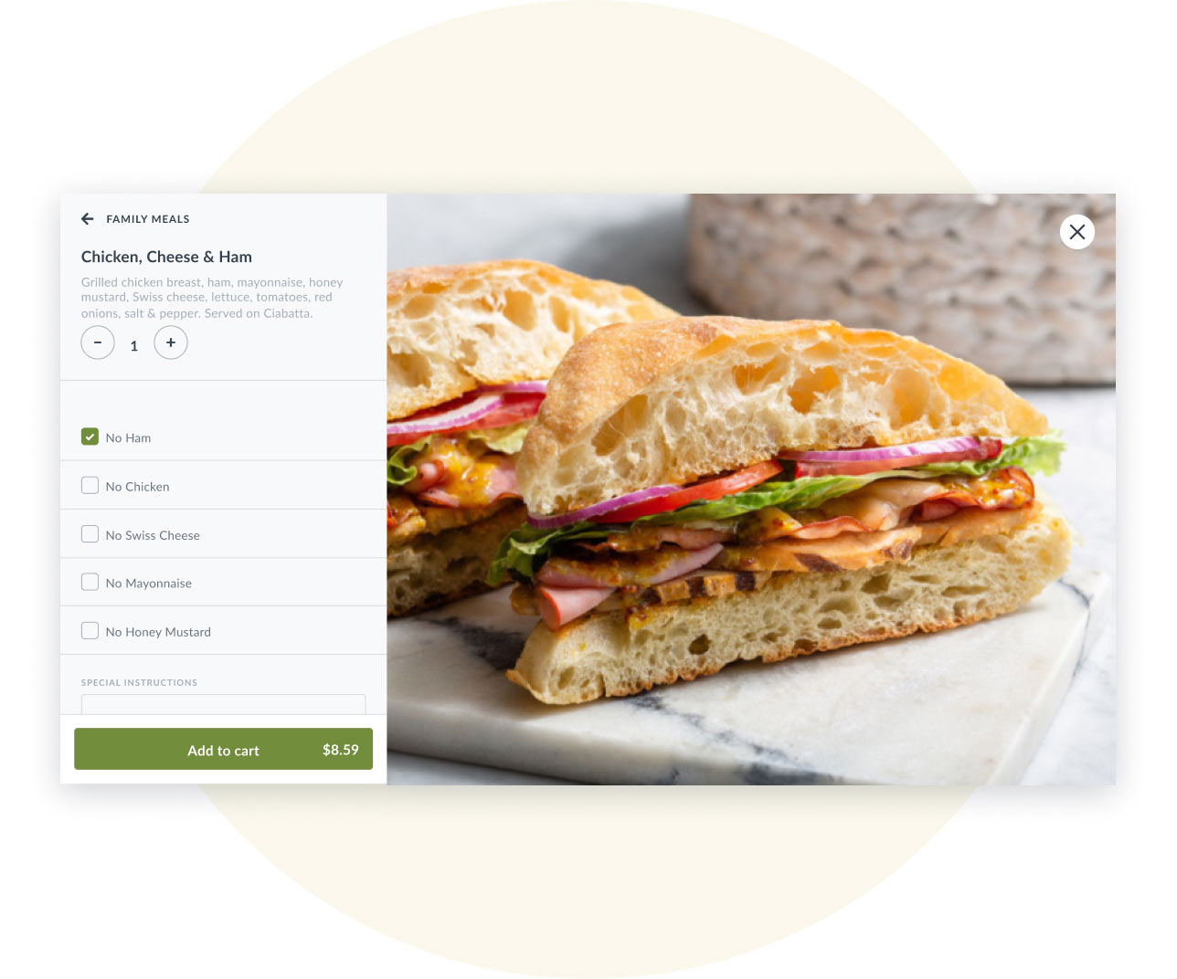 UI of a pop up modal in the Thanx desktop ordering experience