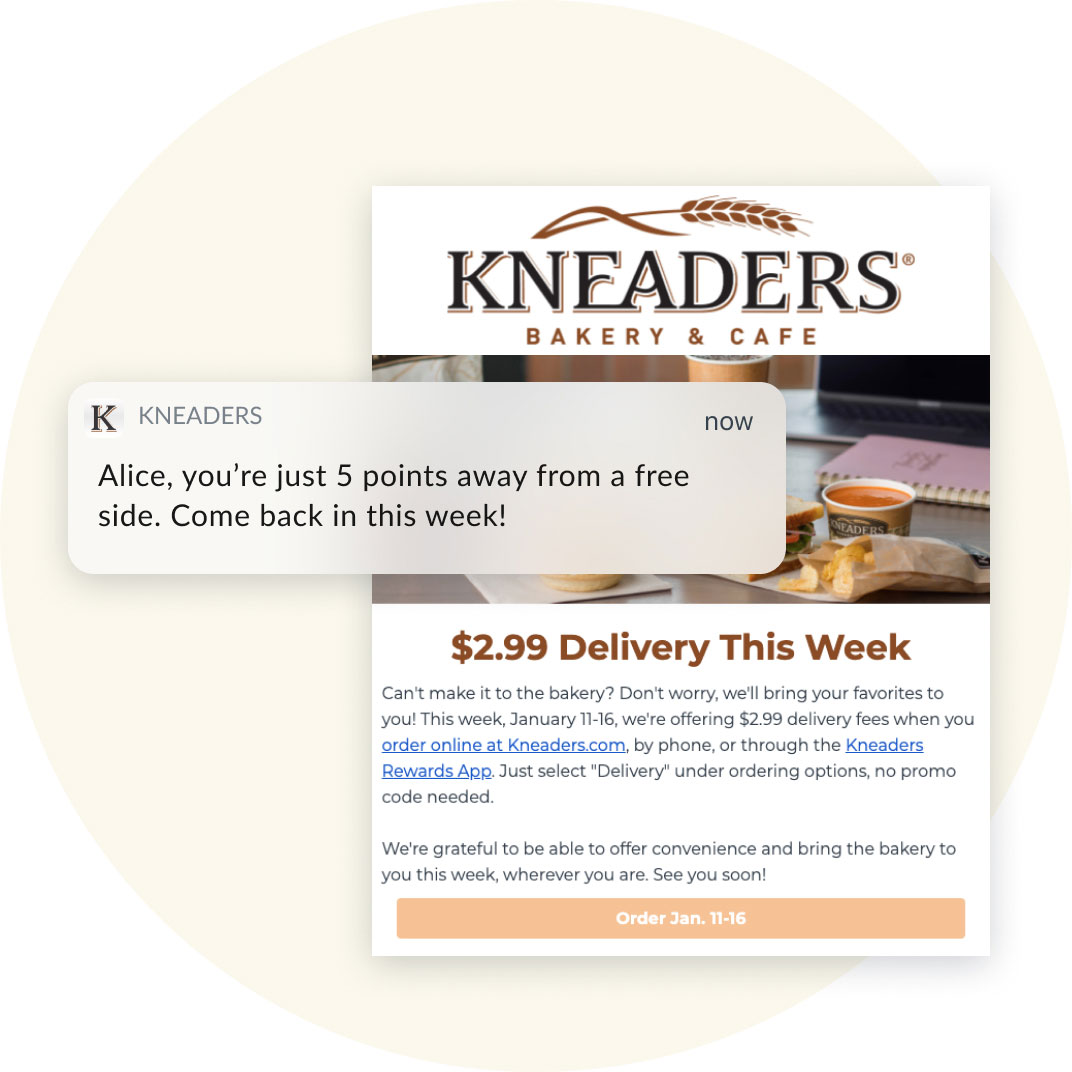 Kneaders email and personalized phone notification