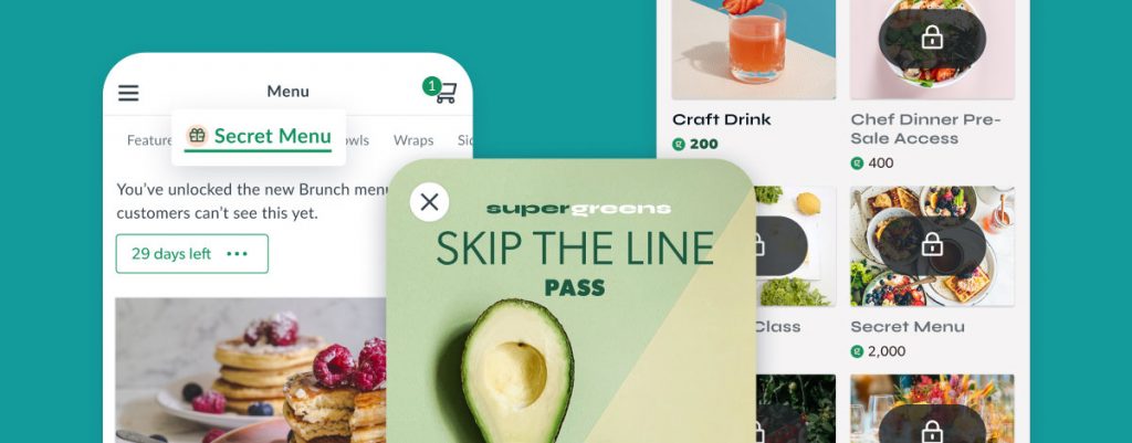 The future of loyalty, highlighting 3 example use cases including secret menus, golden tickets, and reward marketplaces on a spearmint background